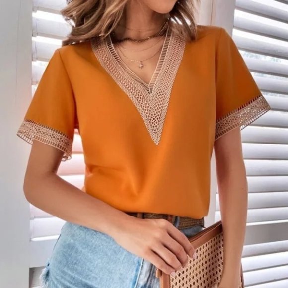 . Tops - Bohemian V-neck Lace Solid Minimalist Blouse Orange
